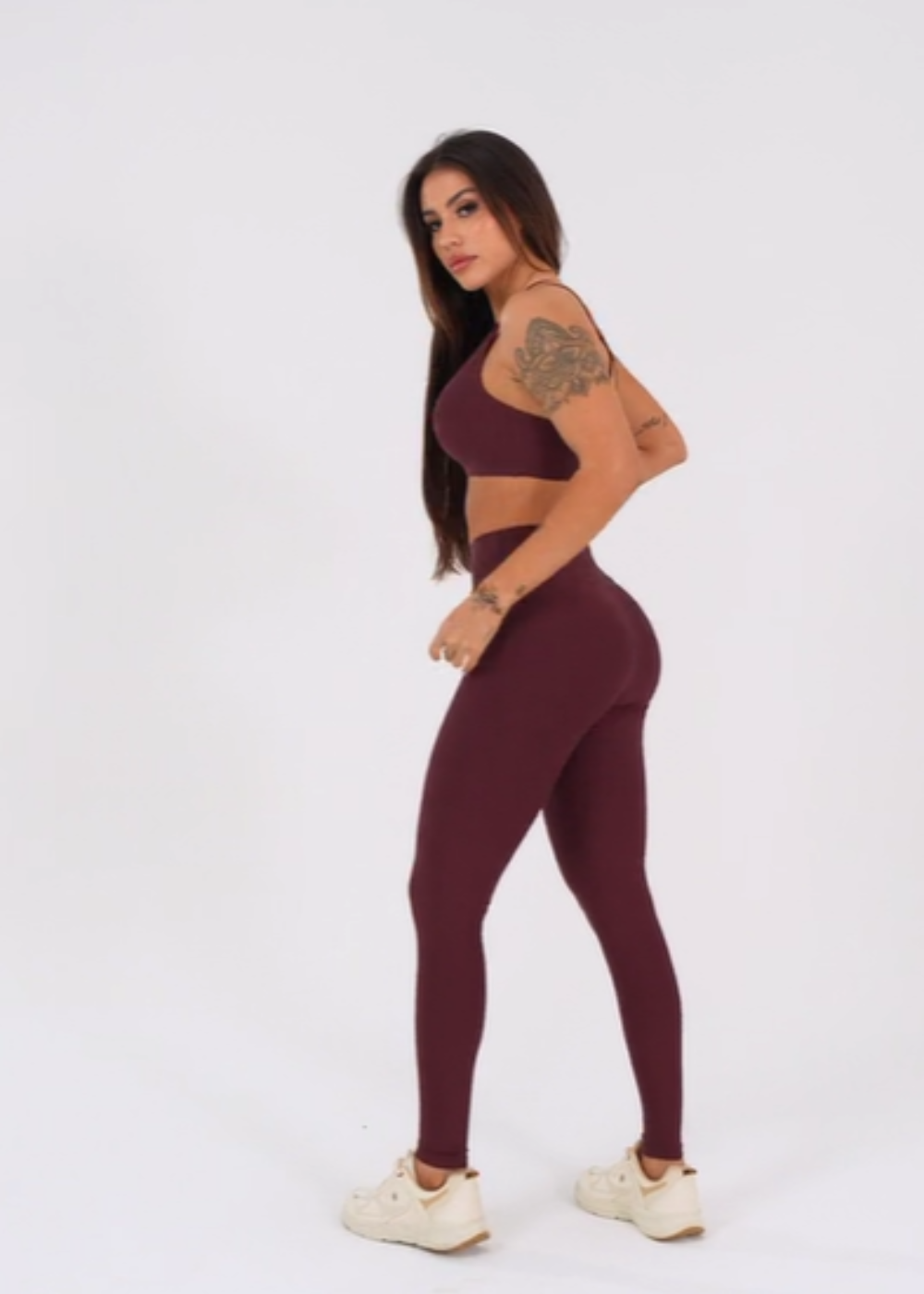 Conjunto Legging + Top fitness feminino vinho com alça dupla aura