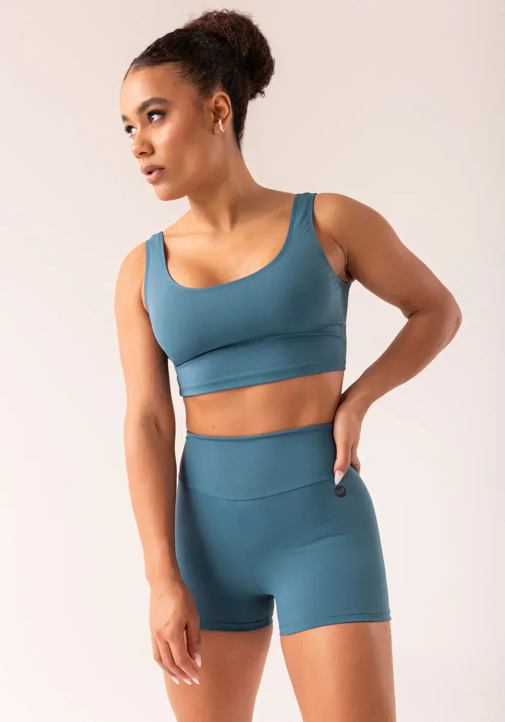 Conjunto Short + Top fitness feminino azul com cós largo oasis