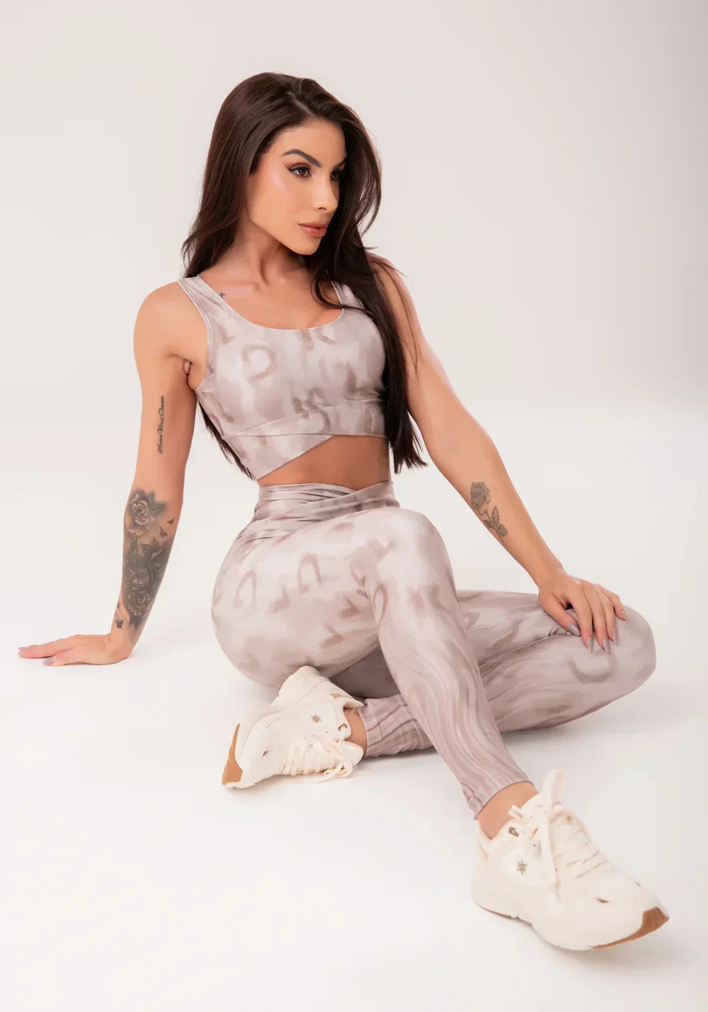 Conjunto Legging + Top fitness feminino transpassado estampado equilíbrio astral