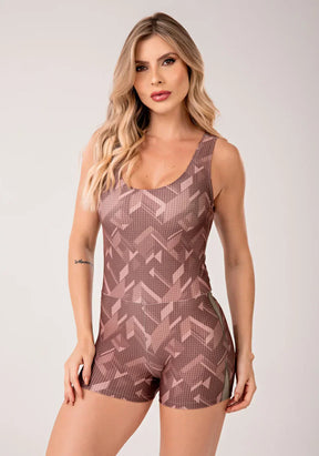 Macaquinho fitness feminino estampado brave marrom printed mousse