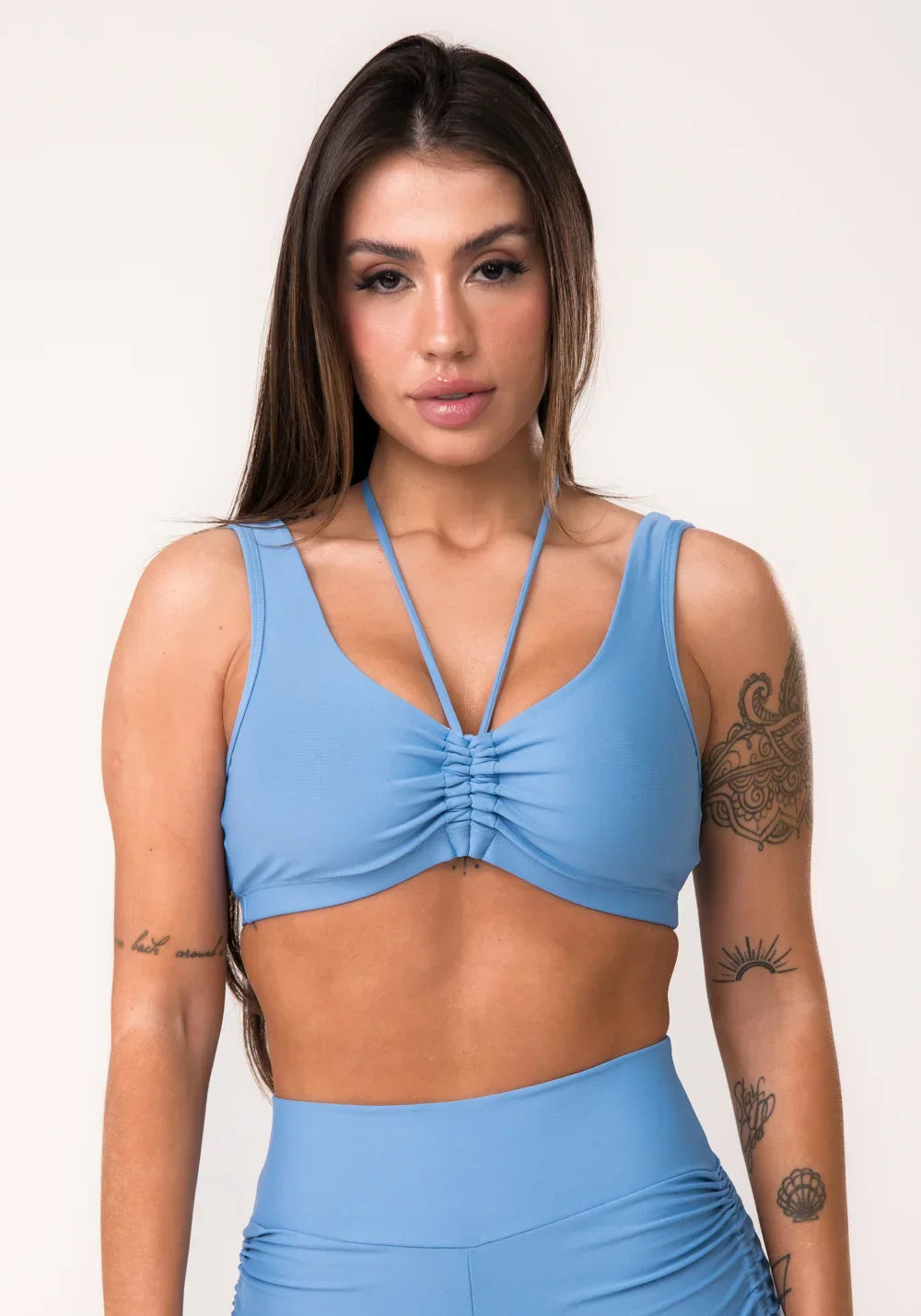 Conjunto Legging + Top fitness feminino azul com franzido e amarração aura